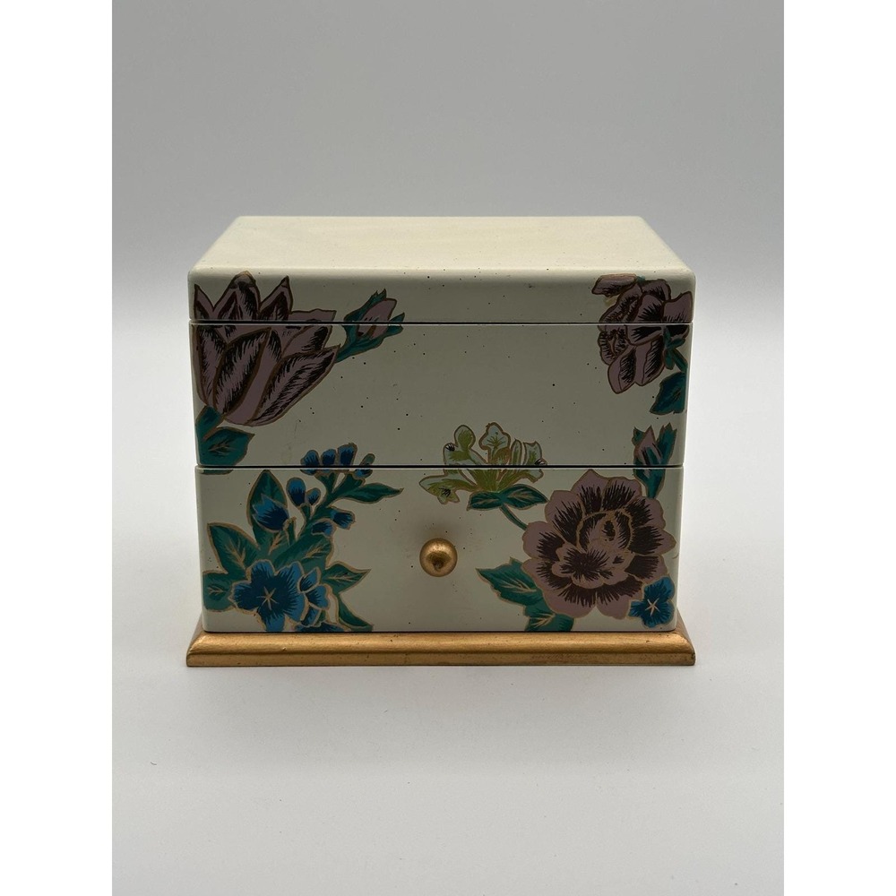 Vintage Floral Trinket Box Cream Jewelry Storage with Gold Base